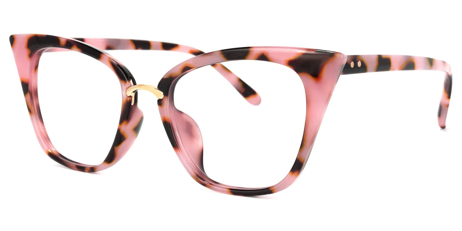 pink color and tortoise shell glasses
